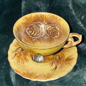Vintage EW Floral Yellow Teacup and Saucer Set hand painted